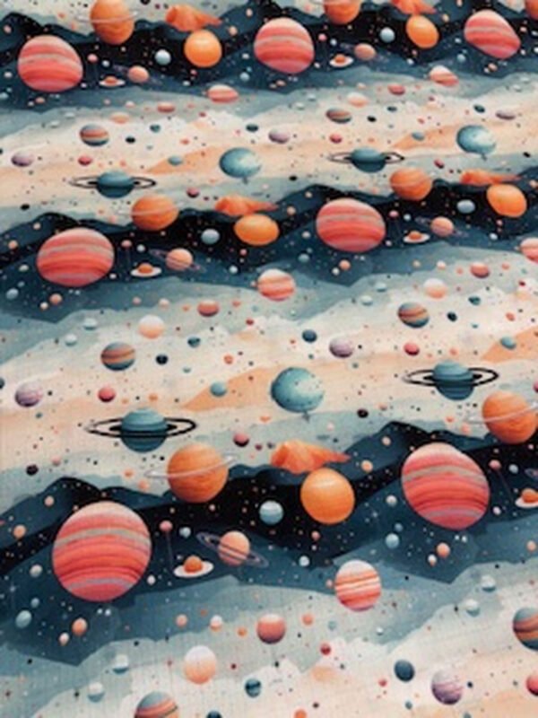 Barevné planety v mlhovině na vesmírném pozadí.