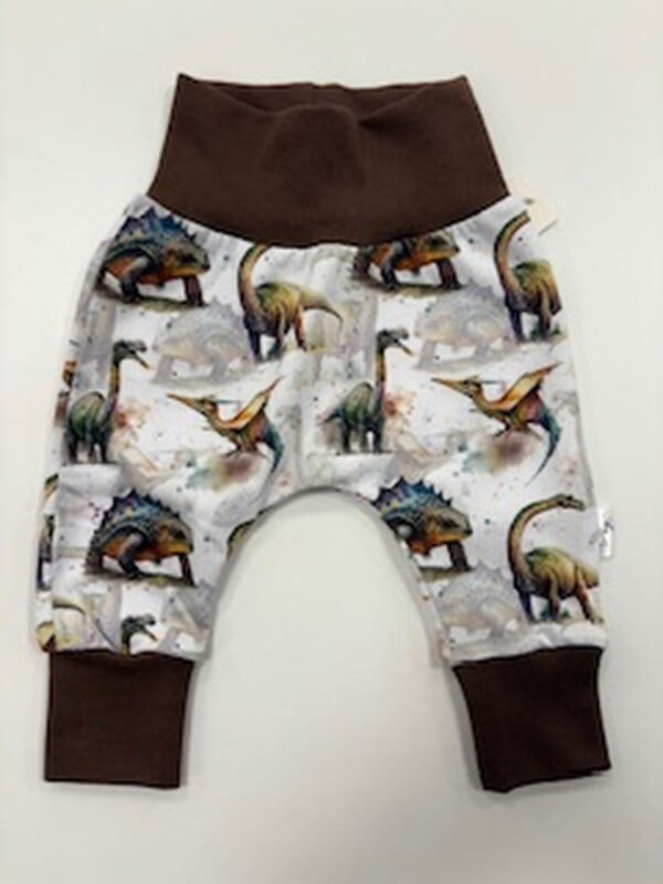 Dětské kalhoty s dinosaury na bílém pozadí.