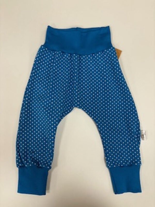 Modré dětské kalhoty s bílými puntíky