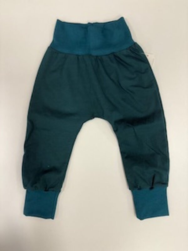 Dětské modré baggy kalhoty s pružným pasem.