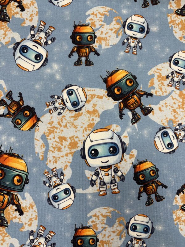 Barevné kreslené roboty na modrém pozadí.