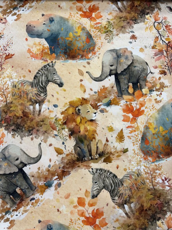 Zvířecí ilustrace s podzimním listím: hroch, slon, lev, zebra.